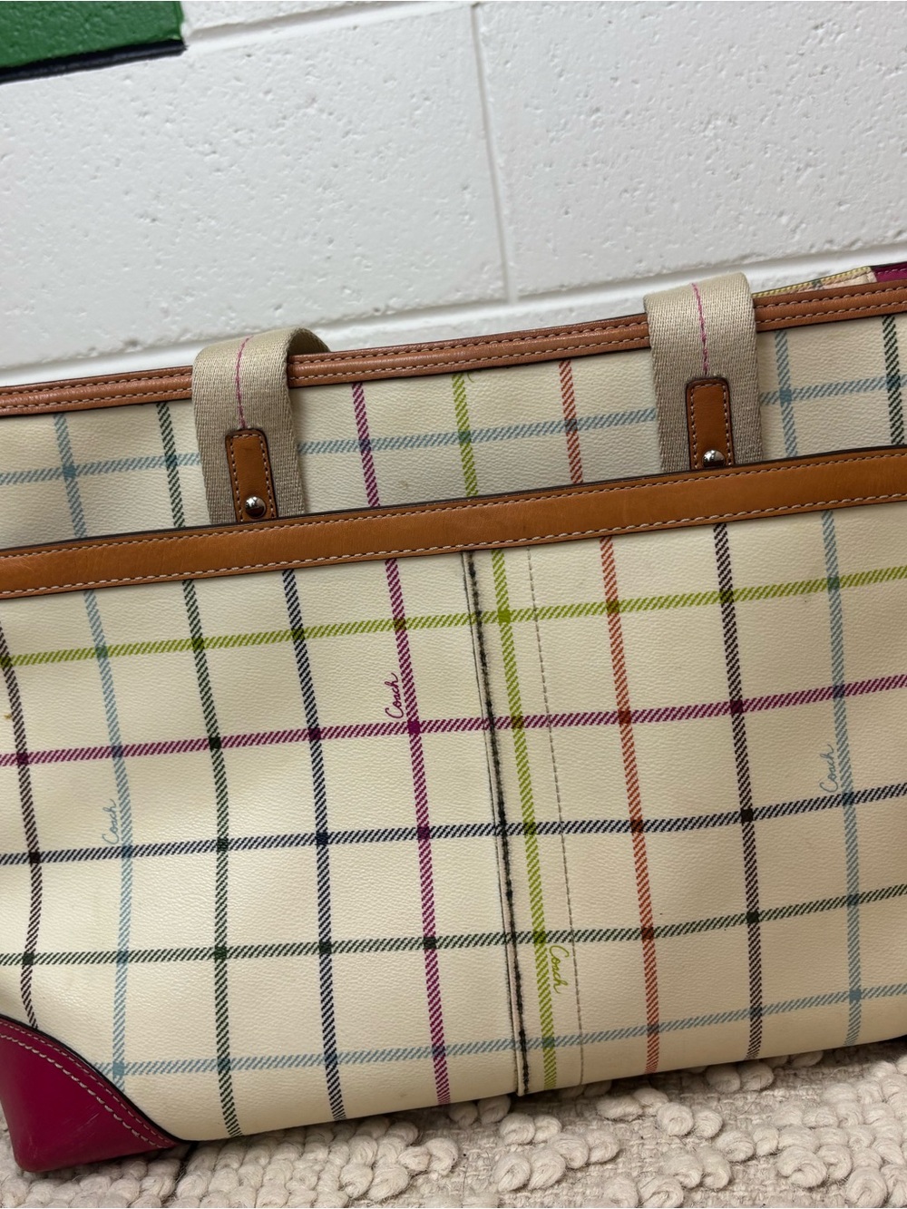 Coach Cream Plaid Canvas Tote with Pink Center Stripe and Tan Trim - Picture 2 of 14